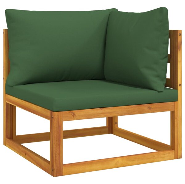Canapea colț modulară, perne verzi, lemn masiv acacia