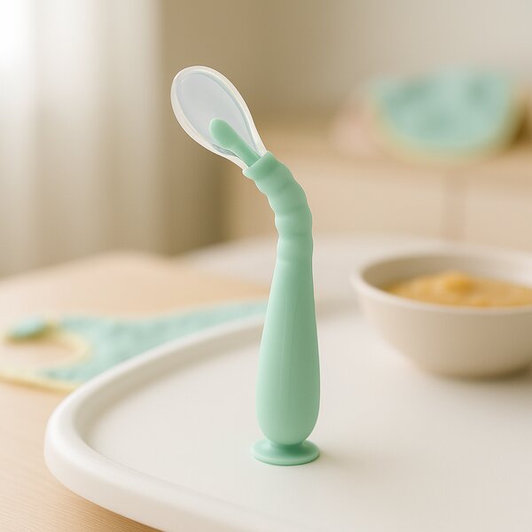 Lingurita bebe din silicon moale, cu maner flexibil, ventuza la baza si husa pentru depozitare Kidizi verde, 9 luni+