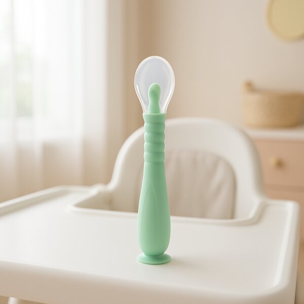 Lingurita bebe din silicon moale, cu maner flexibil, ventuza la baza si husa pentru depozitare Kidizi verde, 9 luni+