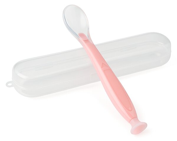 Lingurita bebe din silicon moale, cu ventuza la baza si cutie pentru depozitare Kidizi roz, 6 luni+, ideal inceput diversificare, fara BPA