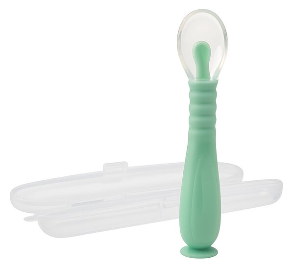 Lingurita bebe din silicon moale, cu maner flexibil, ventuza la baza si husa pentru depozitare Kidizi verde, 9 luni+