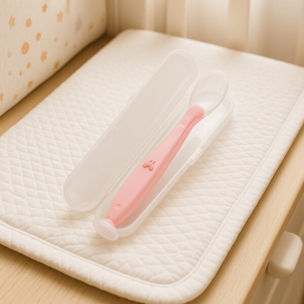 Lingurita bebe din silicon moale, cu ventuza la baza si cutie pentru depozitare Kidizi roz, 6 luni+, ideal inceput diversificare, fara BPA