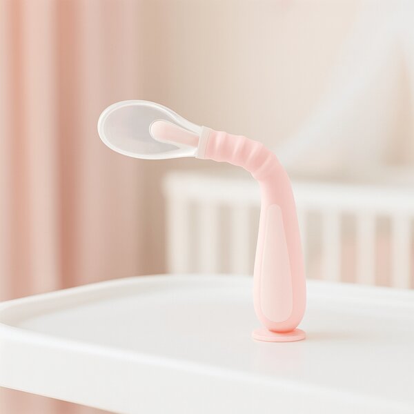 Lingurita bebe din silicon moale, cu maner flexibil, ventuza la baza si husa pentru depozitare Kidizi roz, 9 luni+, fara BPA
