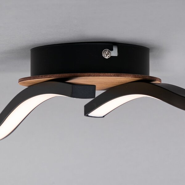 Briloner Plafonieră LED Go 2 becuri negru/decor din lemn ondulat, Negru, Camera de zi / sufragerie, Metal, Modern