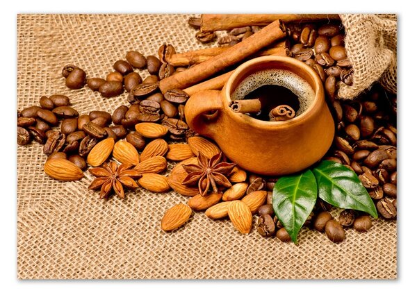 Tablou pe pe sticlă Boabe de cafea și ceașcă