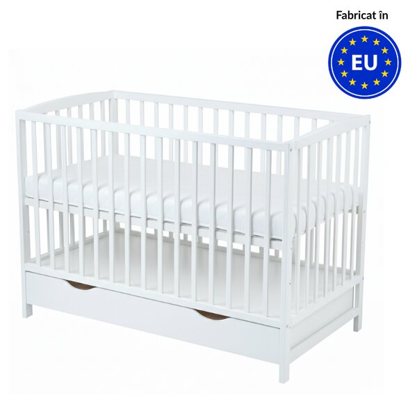 Patut din lemn masiv cu sertar, capac si bariera 120x60 cm Kidizi Orella alb si saltea cocos LUX 120x60x12 cm, reglabil pe 3 nivele, certificat EN71
