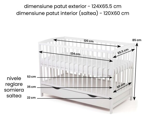 Patut din lemn masiv cu sertar, capac si bariera 120x60 cm Kidizi Orella alb si saltea cocos LUX 120x60x12 cm, reglabil pe 3 nivele, certificat EN71