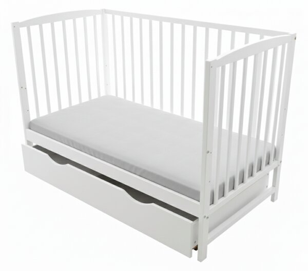 Patut din lemn masiv cu sertar, capac si bariera 120x60 cm Kidizi Orella alb si saltea cocos LUX 120x60x12 cm, reglabil pe 3 nivele, certificat EN71