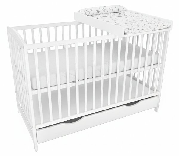 Patut din lemn masiv cu sertar si capac 120x60 cm Kidizi Orella alb, masuta infasat din lemn si salteluta incluse, reglabil pe 3 nivele, certificat EN71