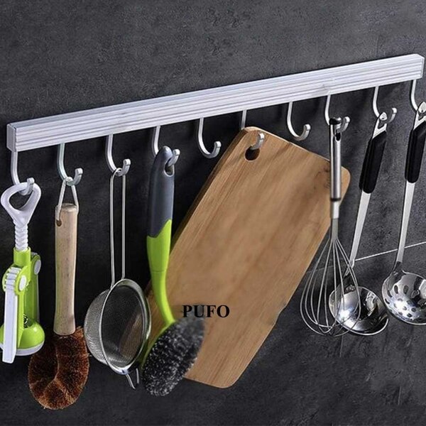 Cuier din aluminiu Pufo cu 10 carlige pentru bucatarie sau baie – Organizator pentru prosoape, ustensile si accesorii, montaj pe perete, 50 cm
