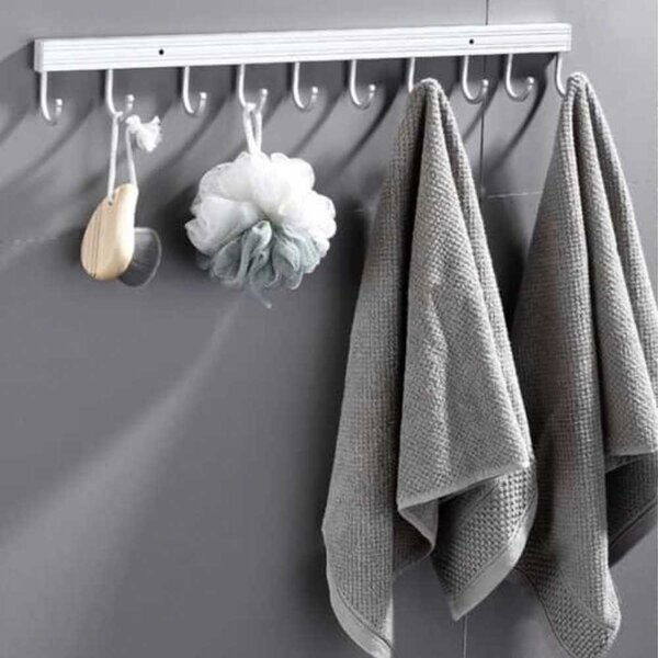Cuier din aluminiu Pufo cu 10 carlige pentru bucatarie sau baie – Organizator pentru prosoape, ustensile si accesorii, montaj pe perete, 50 cm