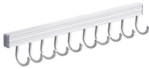 Cuier din aluminiu Pufo cu 10 carlige pentru bucatarie sau baie – Organizator pentru prosoape, ustensile si accesorii, montaj pe perete, 50 cm