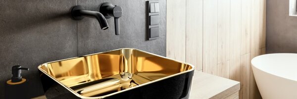 Invena Malaga, chiuveta blat ceramica 39x39x14 cm, auriu lucios-negru mat, INV-CE-39-027-C