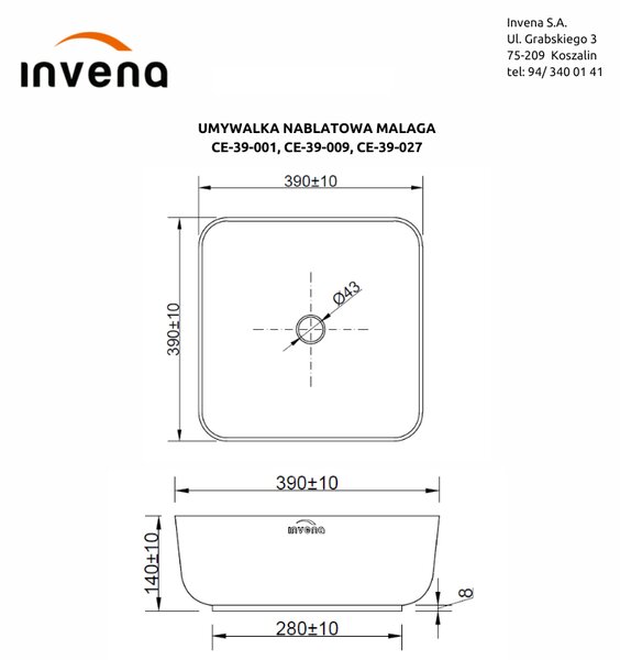 Invena Malaga, chiuveta blat ceramica 39x39x14 cm, auriu lucios-negru mat, INV-CE-39-027-C
