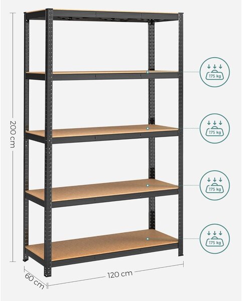 Rafturi cu podea, rafturi cu capacitate de încărcare de 175 kg pe raft, negru 200x120x60cm