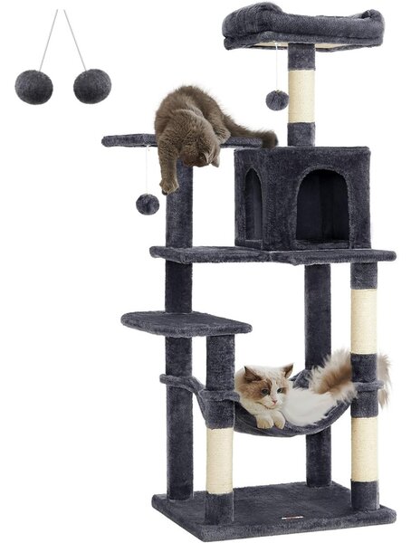 Stâlp de zgâriat pentru pisici, turn pentru pisici cu mai multe etaje, gri 55x45x143cm