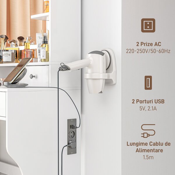 HOMCOM Masă de Toaletă cu Oglindă Iluminată LED, Masă de Machiaj cu Stație de Încărcare, 4 sertare și rafturi de depozitare, 90x45x160 cm, Alb