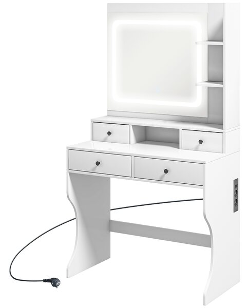 HOMCOM Masă de Toaletă cu Oglindă Iluminată LED, Masă de Machiaj cu Stație de Încărcare, 4 sertare și rafturi de depozitare, 90x45x160 cm, Alb