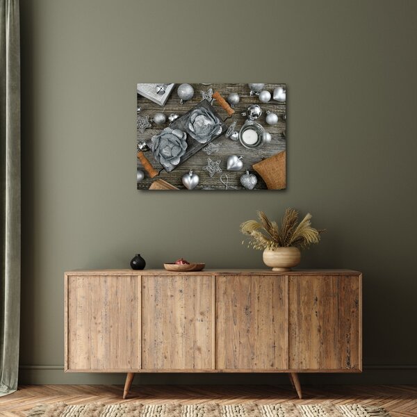 Tablou - decorațiuni argintii de Crăciun (70x50 cm)
