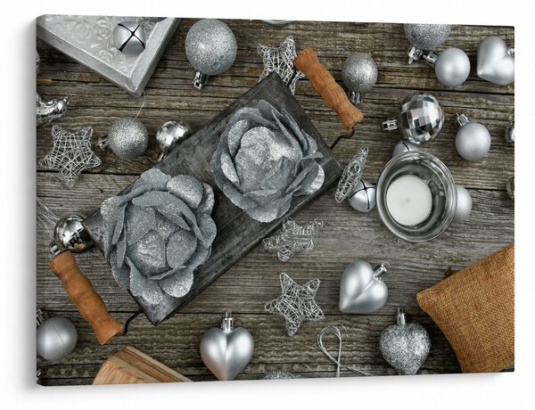 Tablou - decorațiuni argintii de Crăciun (70x50 cm)