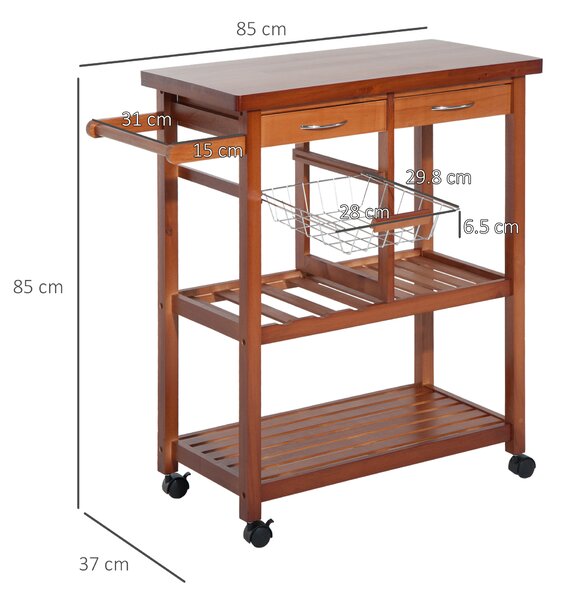 HOMCOM Cărucior de Bucătărie Multifuncțional cu 2 Sertare și 2 Coșuri, 4 Roți (2 cu Frâne), Lemn și Bambus, 81x38x85.5cm | Aosom Romania