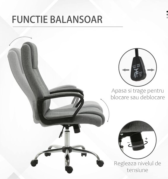 Scaun ergonomic birou, 62x62x110-119cm, gri Vinsetto | Aosom Romania