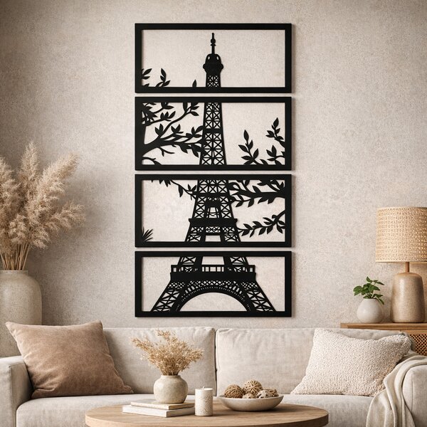Decorațiune de perete Turnul Eiffel în 4 panouri, siluetă neagră cu frunze