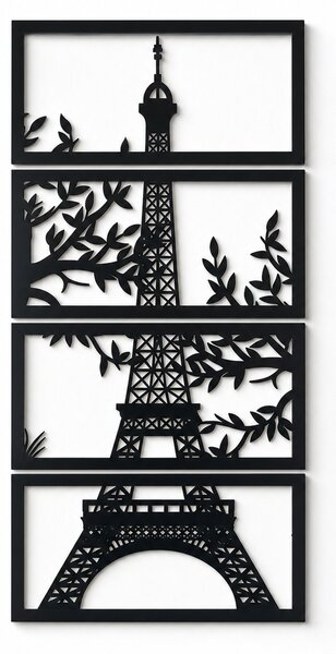 Decorațiune de perete Turnul Eiffel în 4 panouri, siluetă neagră cu frunze