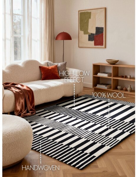 Covor alb-negru țesut manual din lână 120x180 cm Stryve Pulse – Elle Decoration