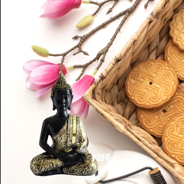 Statueta Buddha, decoratiune Feng Shui, 15 cm, negru/auriu