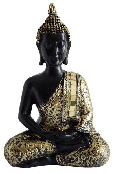 Statueta Buddha, decoratiune Feng Shui, 15 cm, negru/auriu