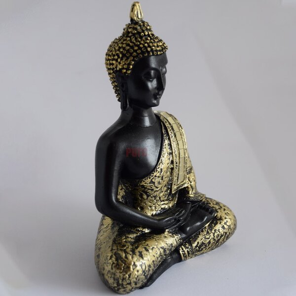 Statueta Buddha, decoratiune Feng Shui, 15 cm, negru/auriu