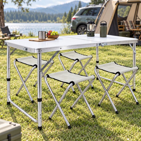 Set masa cu 4 scaune pentru camping, inaltime masa reglabila, 120x60x70/62/55 cm, aluminiu