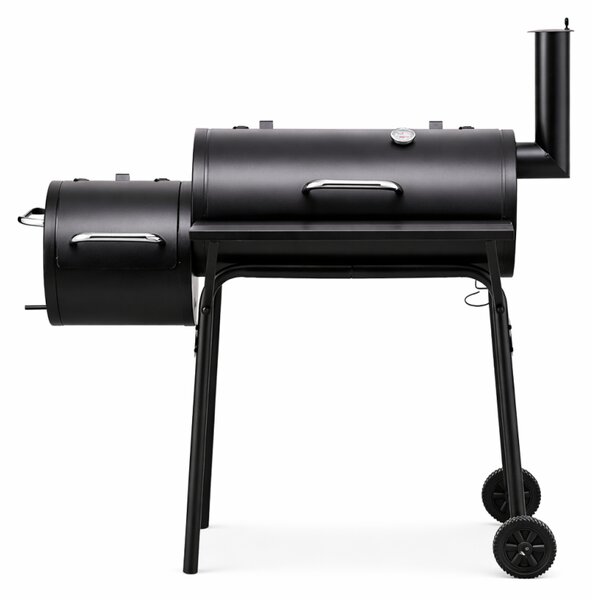 Gratar BBQ pentru carbuni, 2 compartimente, grill si afumatoare, raft, horn, roti transport, termometru