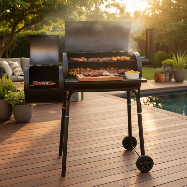 Gratar BBQ pentru carbuni, 2 compartimente, grill si afumatoare, raft, horn, roti transport, termometru