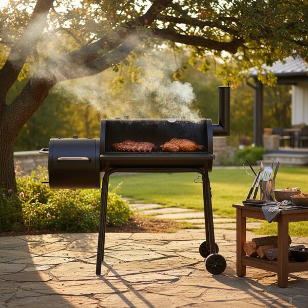 Gratar BBQ pentru carbuni, 2 compartimente, grill si afumatoare, raft, horn, roti transport, termometru