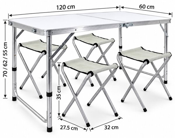 Set masa cu 4 scaune pentru camping, inaltime masa reglabila, 120x60x70/62/55 cm, aluminiu