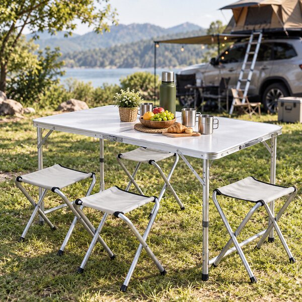 Set masa cu 4 scaune pentru camping, inaltime masa reglabila, 120x60x70/62/55 cm, aluminiu