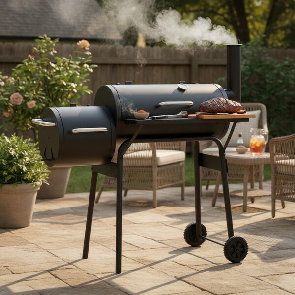 Gratar BBQ pentru carbuni, 2 compartimente, grill si afumatoare, raft, horn, roti transport, termometru