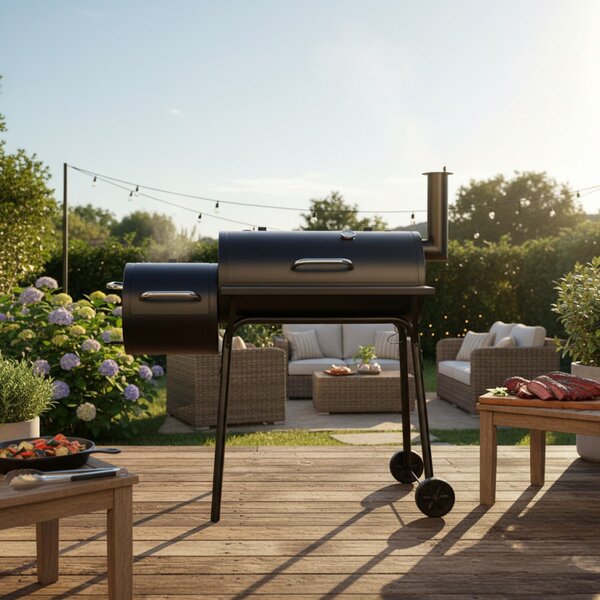 Gratar BBQ pentru carbuni, 2 compartimente, grill si afumatoare, raft, horn, roti transport, termometru