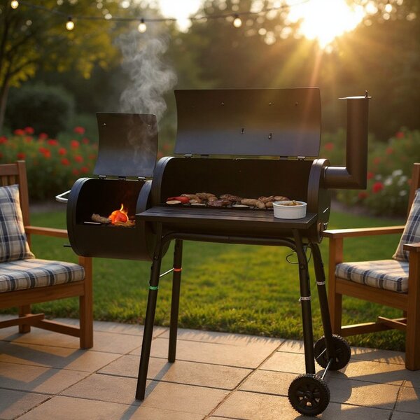 Gratar BBQ pentru carbuni, 2 compartimente, grill si afumatoare, raft, horn, roti transport, termometru
