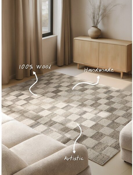 Covor crem țesut manual din lână 120x180 cm Boho 1.0 Quadra – Vikosa