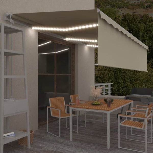 Copertină automată cu stor senzor vânt LED, crem, 6x3 m