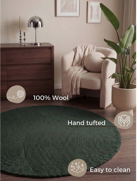Covor verde închis țesut manual rotund din lână ø 120 cm Calmio – Hanse Home