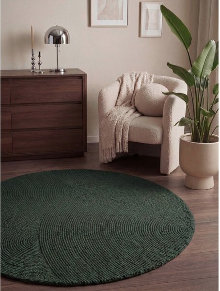 Covor verde închis țesut manual rotund din lână ø 120 cm Calmio – Hanse Home