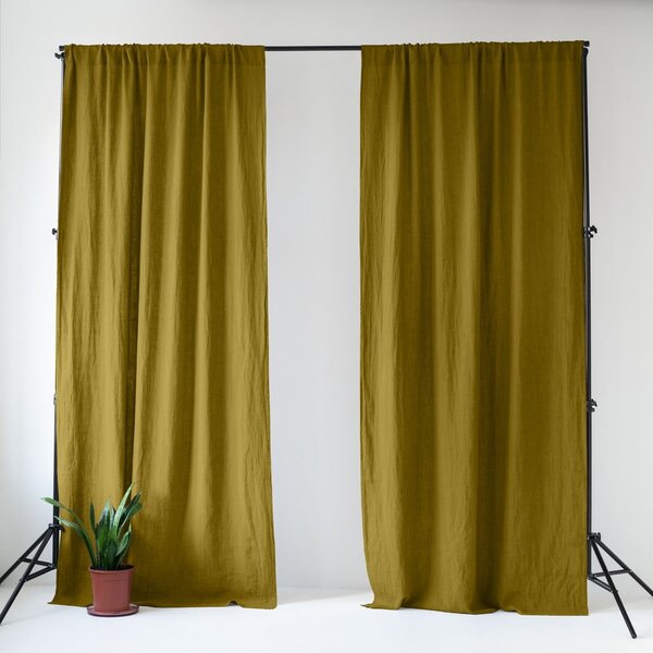 Draperie galben ocru-verde din in 140x250 cm Moss Green – Linen Tales