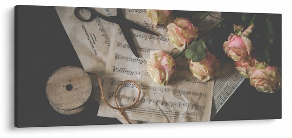 Tablou cu note muzicale și trandafiri (120x50 cm)