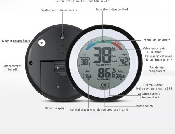 Termometru cu higrometru digital, display LCD, control touch, 9 cm, negru