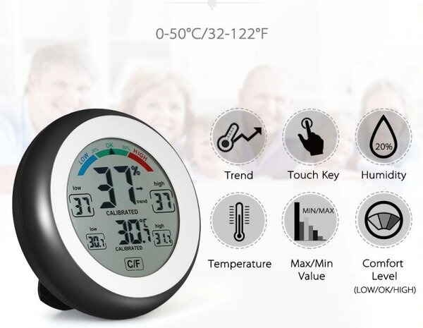 Termometru cu higrometru digital, display LCD, control touch, 9 cm, negru