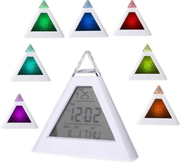 Ceas digital cu alarma, forma piramida, LED multicolor, 8 melodii, temperatura, ora si data